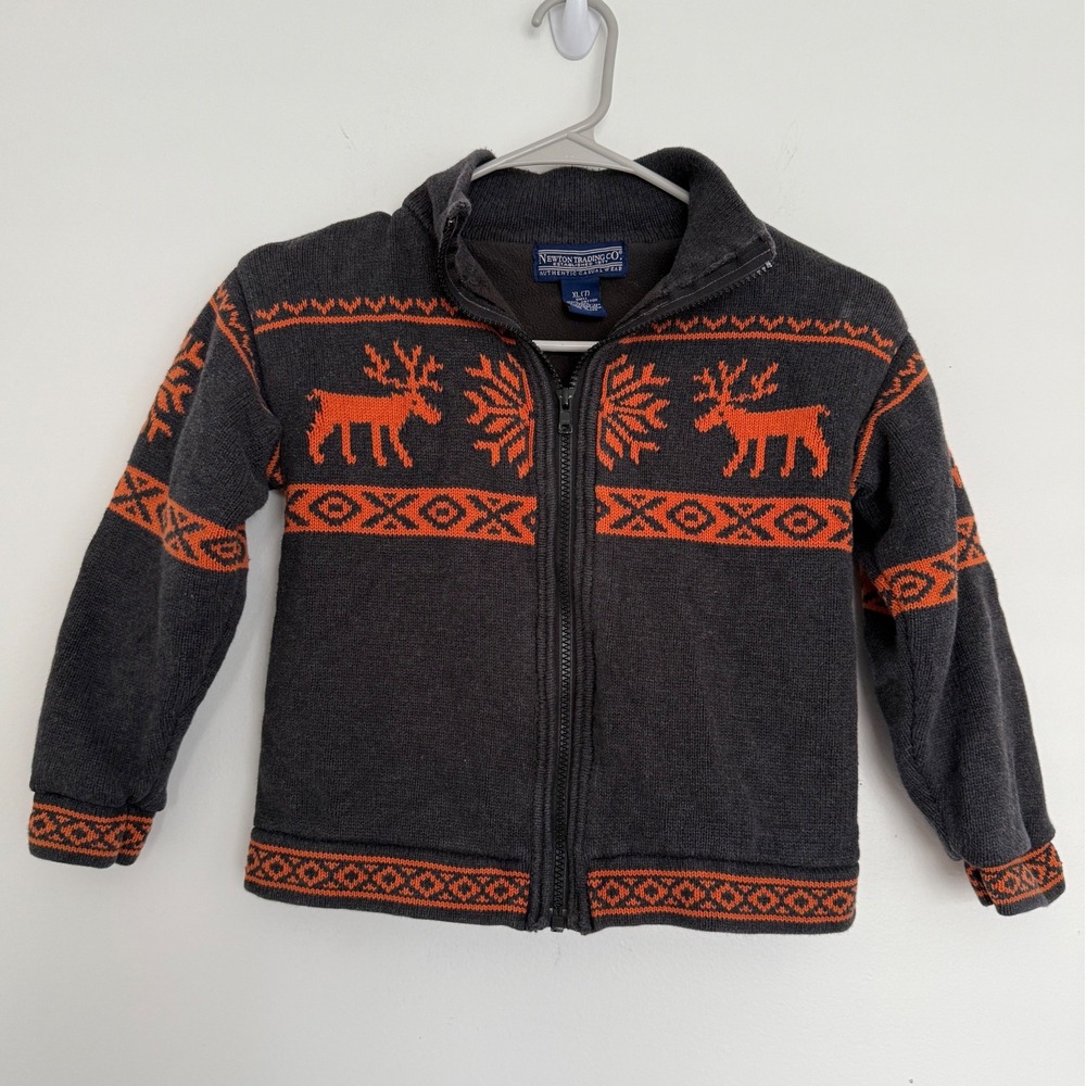 Newton Trading‎ Co Kids Boys Zip Up Sweater Aztec Moose XL 7 Gray Orange